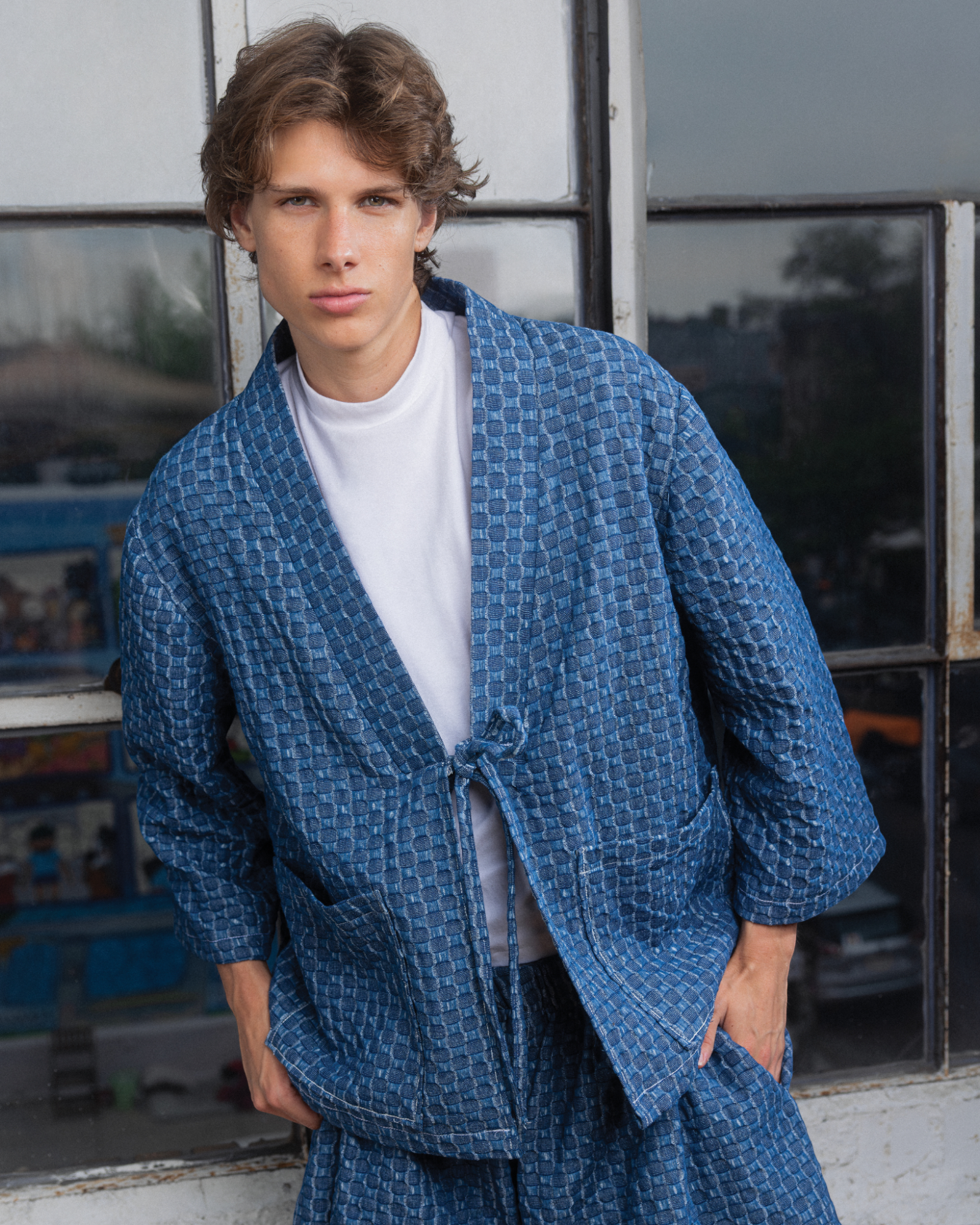 Denim Checkered Kimono Jacket