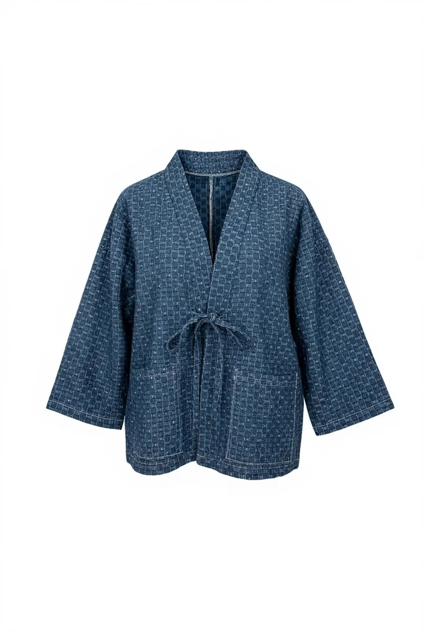 Denim Checkered Kimono Jacket